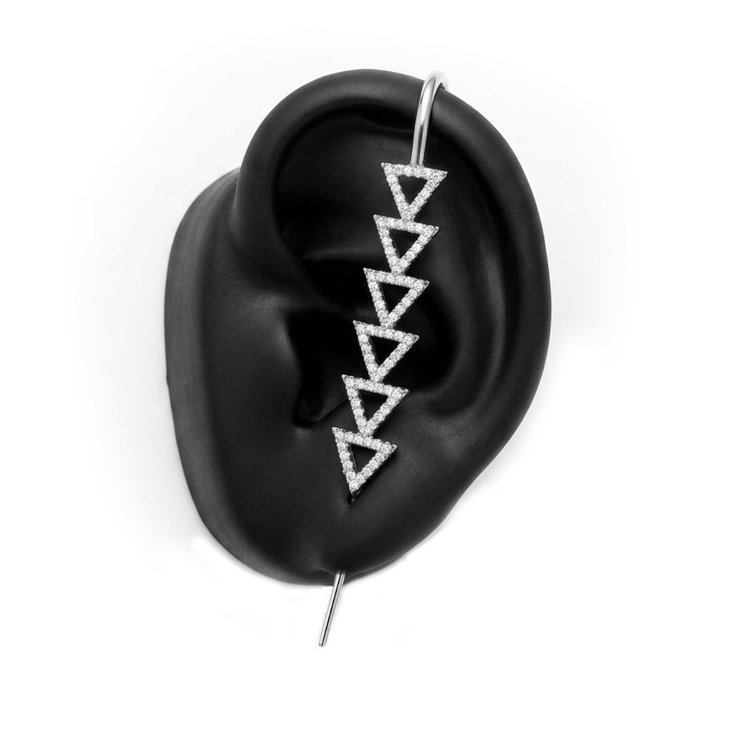 Triangle ear cuff in silver on a black ear form