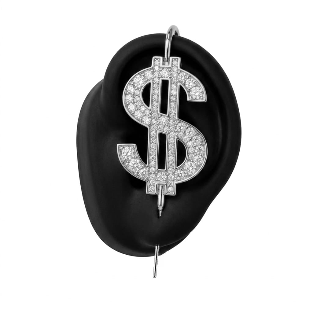 CA$H ear cuff in silver on a black ear form