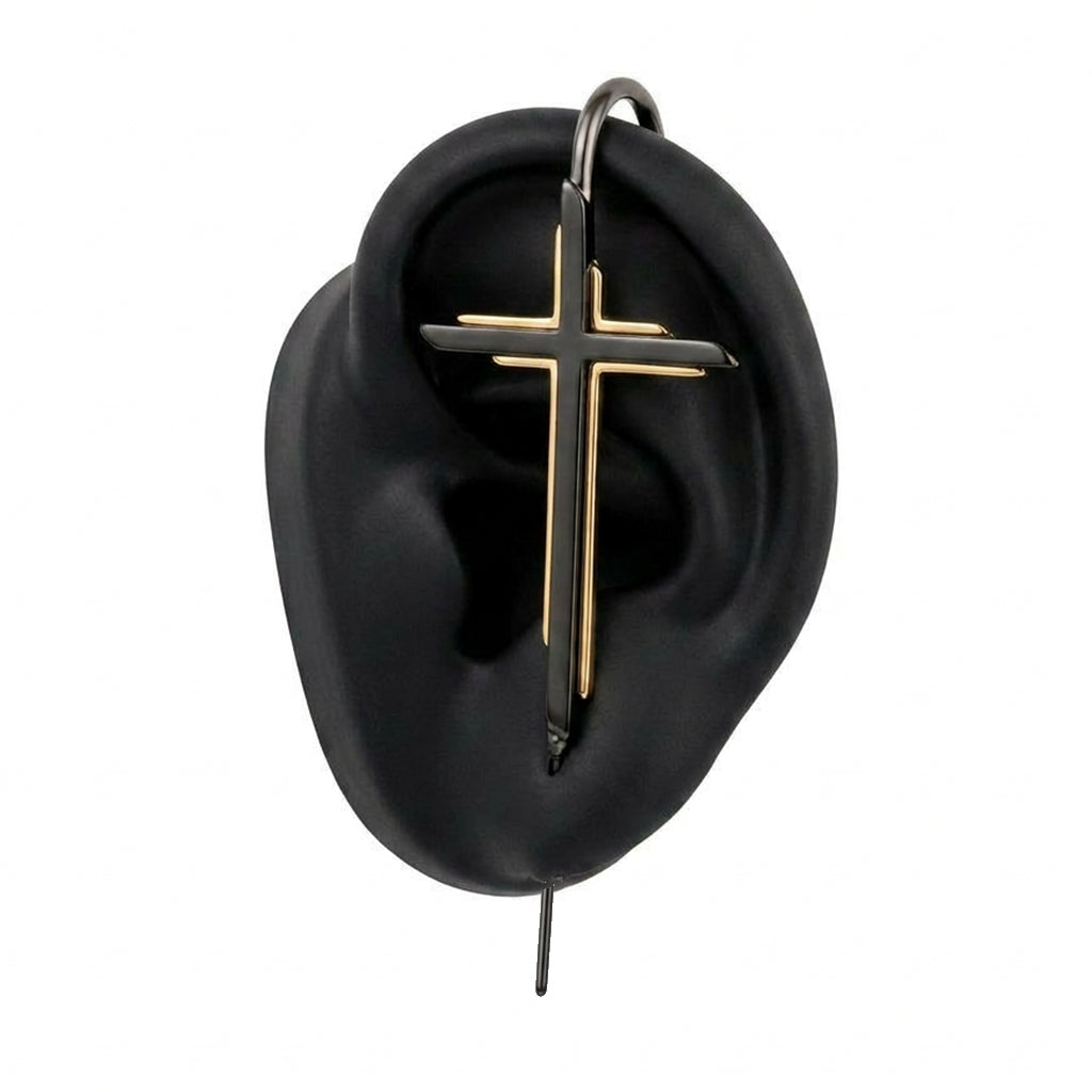 Cross ear cuff in black on a black ear form