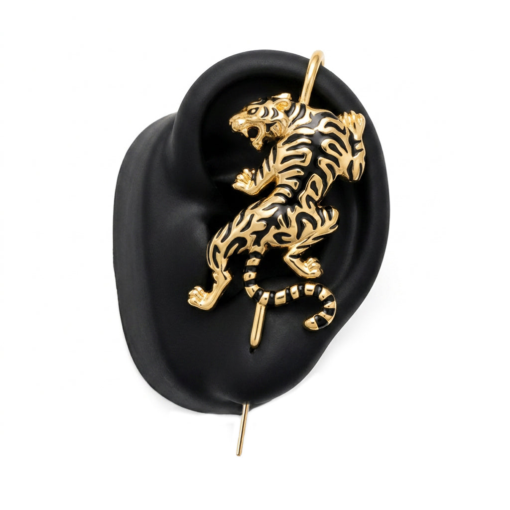 Prowling Tiger ear cuff in gold, left-ear version