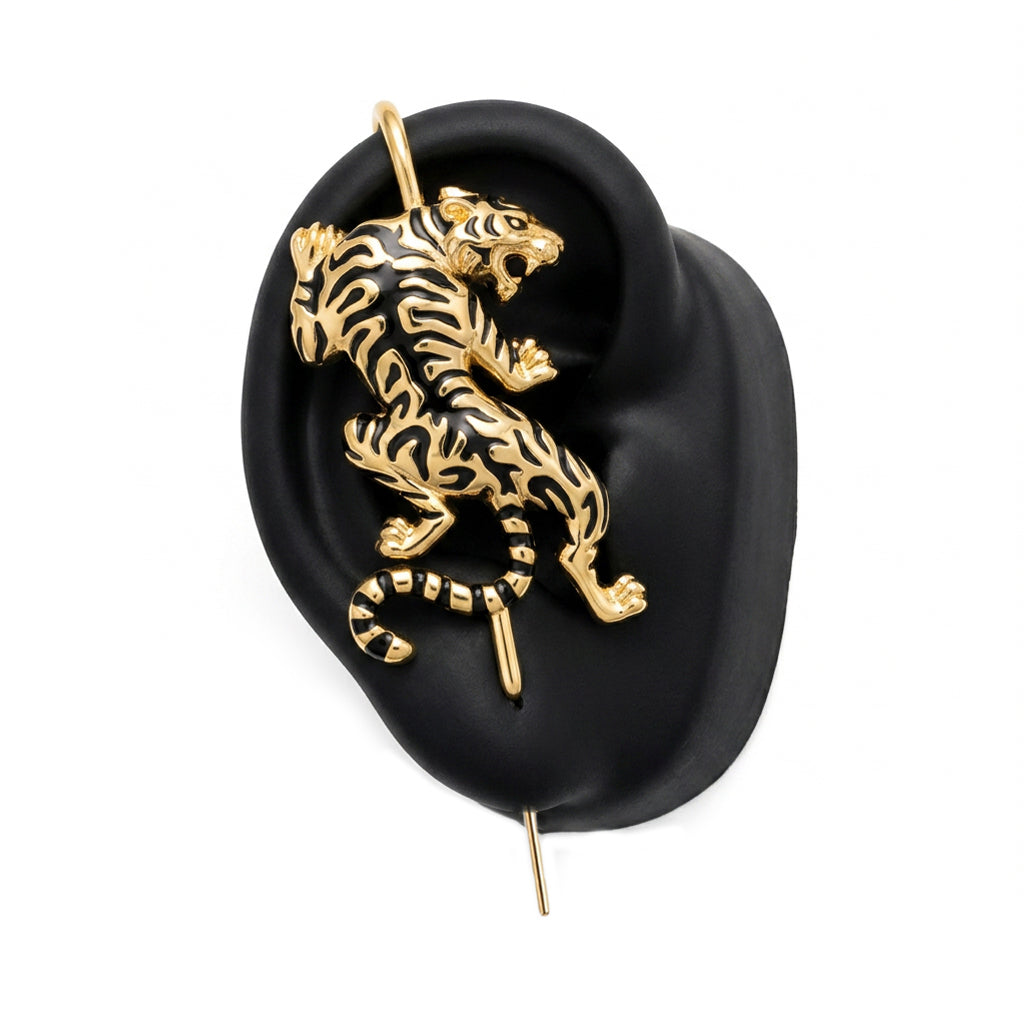 Prowling Tiger ear cuff in gold, right-ear version