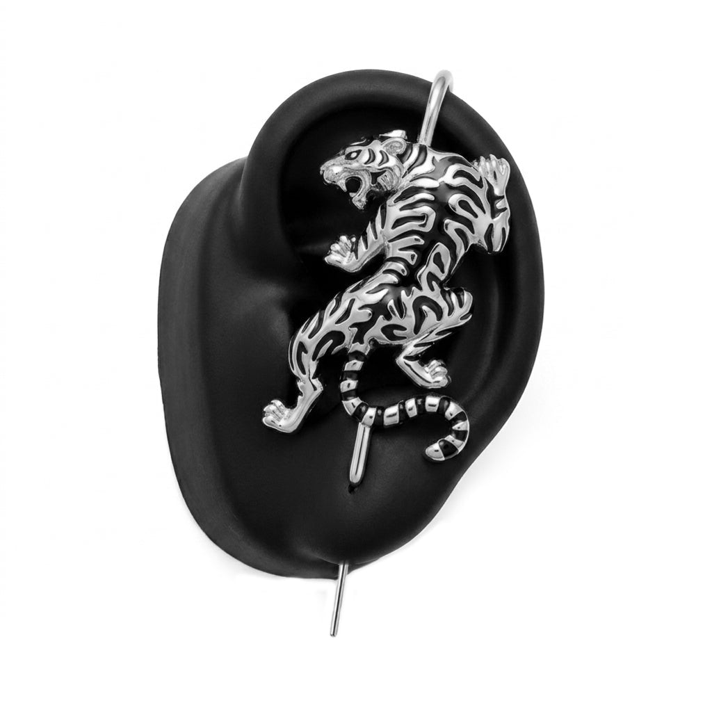 Prowling Tiger ear cuff in silver, left-ear version