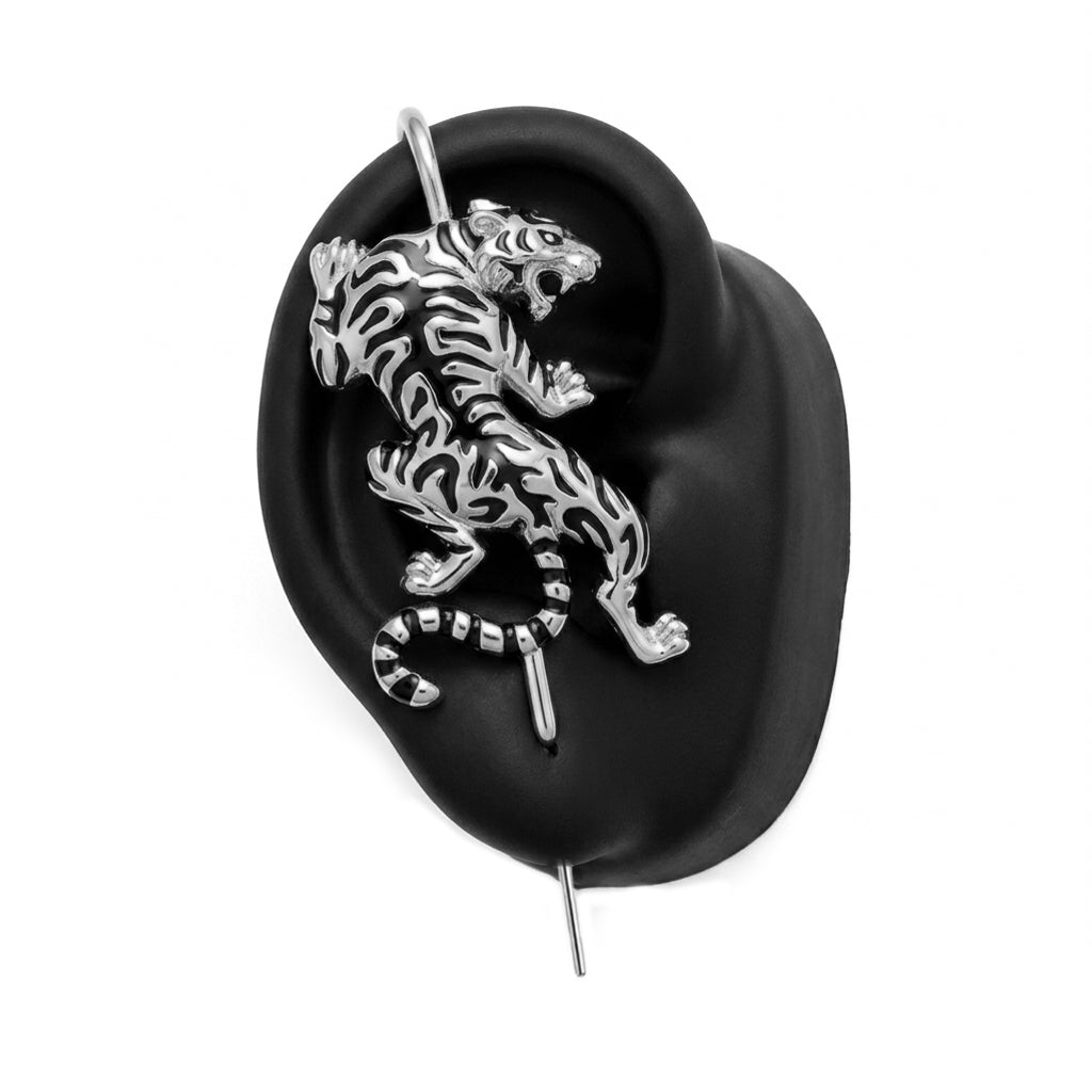 Prowling Tiger ear cuff in silver, right-ear version