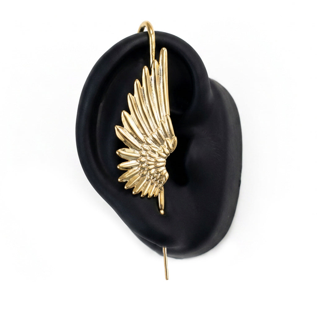Celestial Wing ear cuff in gold on a black ear form