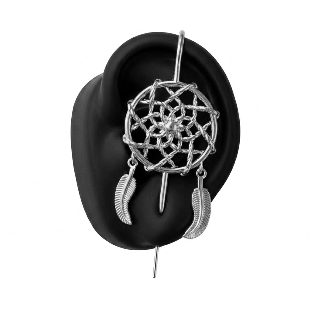 Dreamcatcher ear cuff in silver on a black ear form