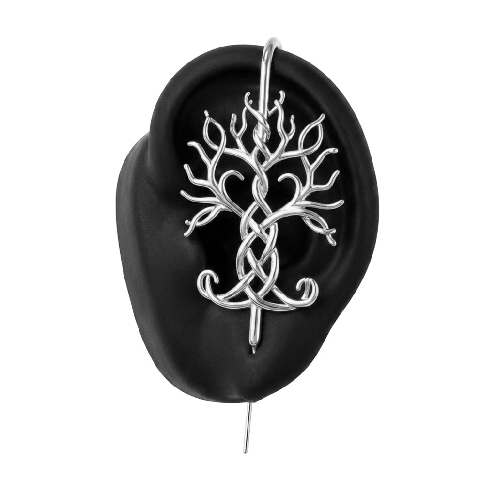 Tree of Life ear cuff in silver on a black ear form
