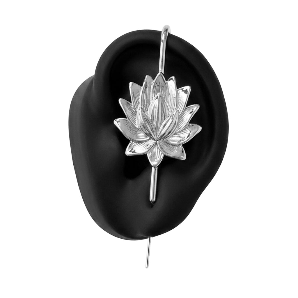 Lotus Bloom ear cuff in silver on a black ear form