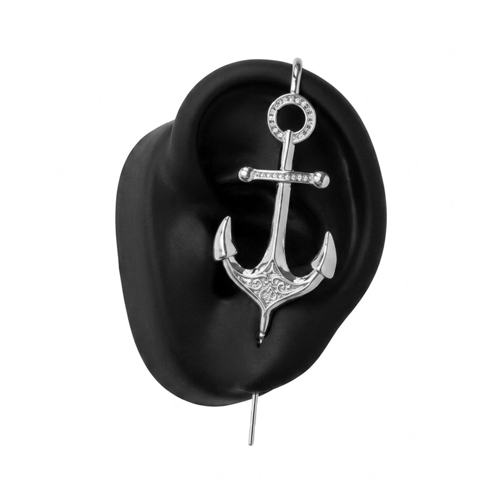 Safe Haven ear cuff in silver on a black ear form
