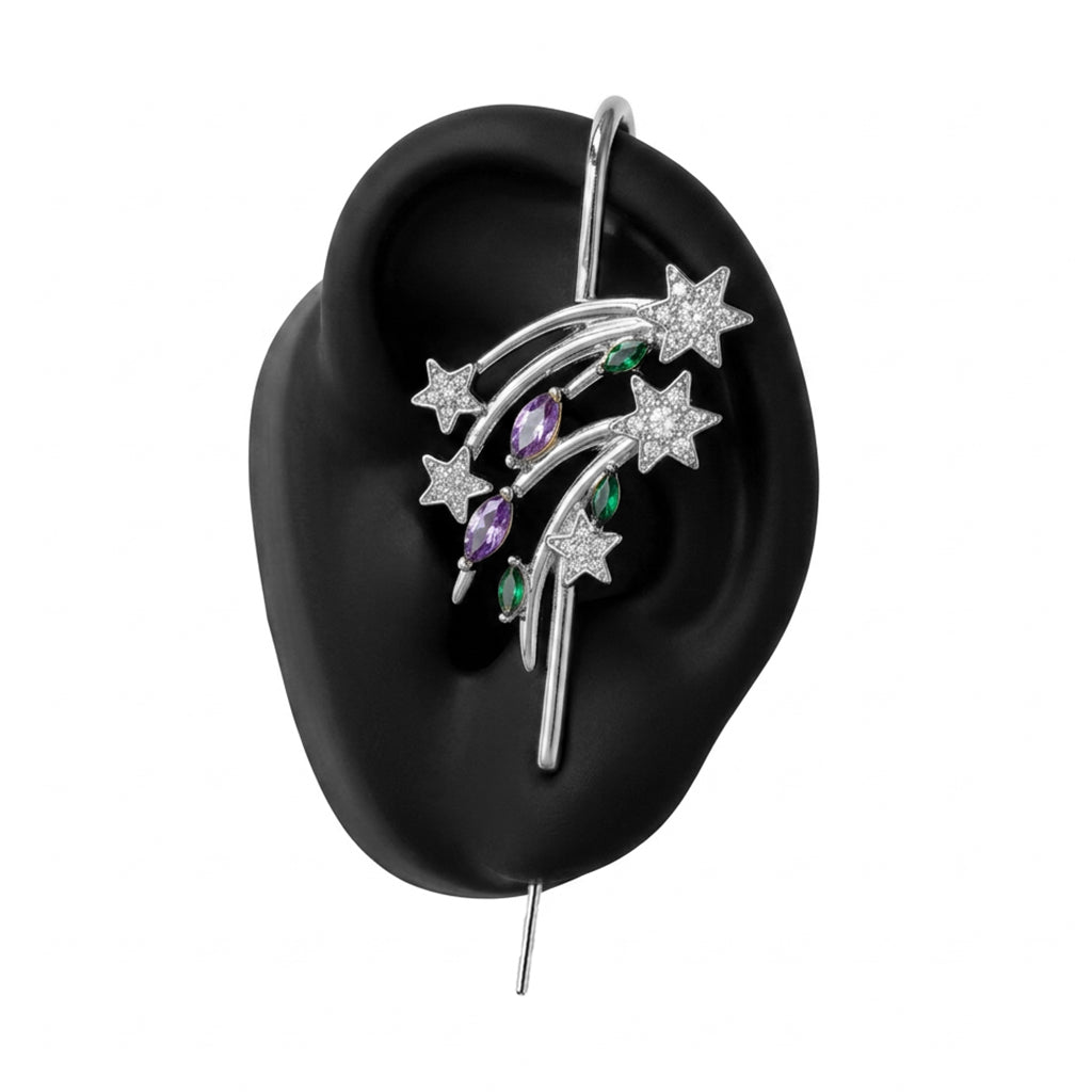 Shooting Star ear cuff in silver on a black ear form