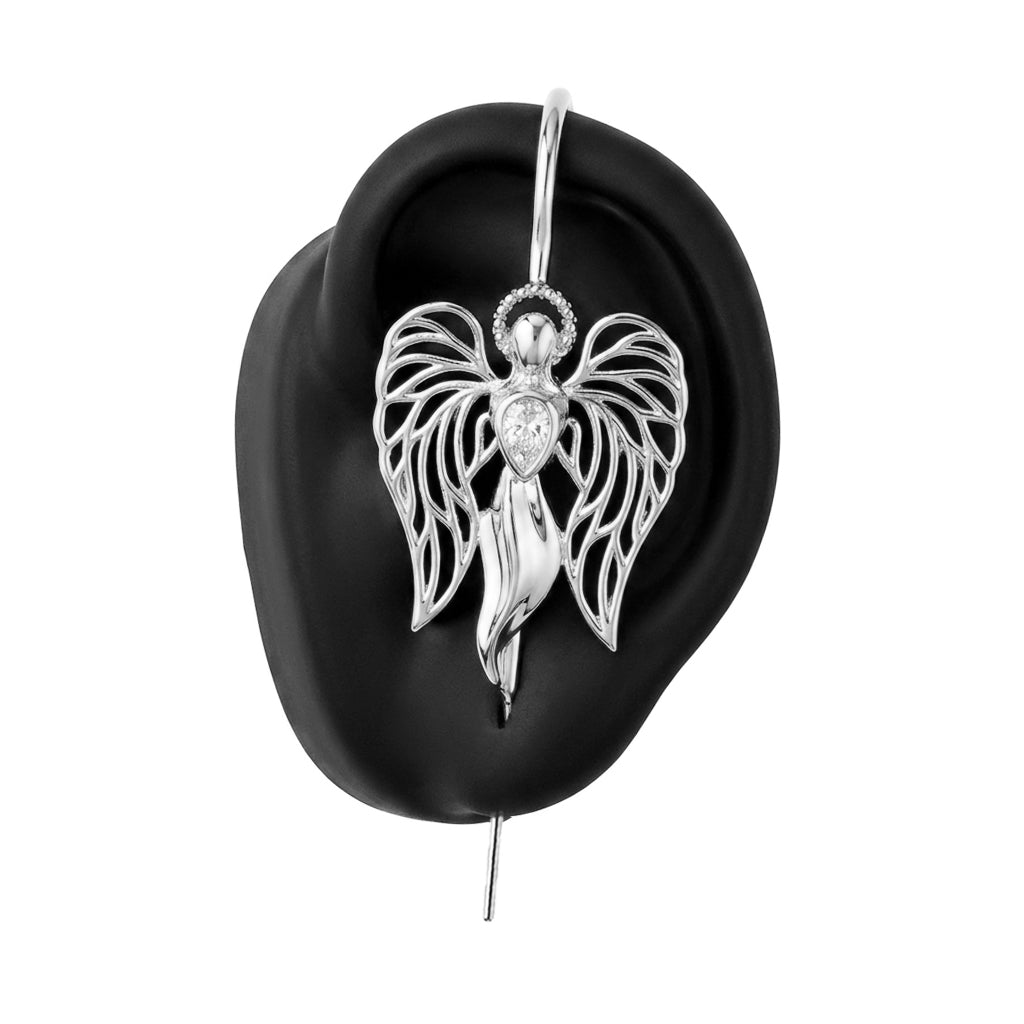 Guardian Angel ear cuff in silver on a black ear form