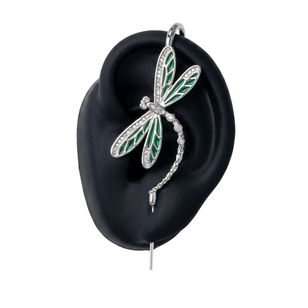 Dragonfly ear cuff in silver on a black ear form
