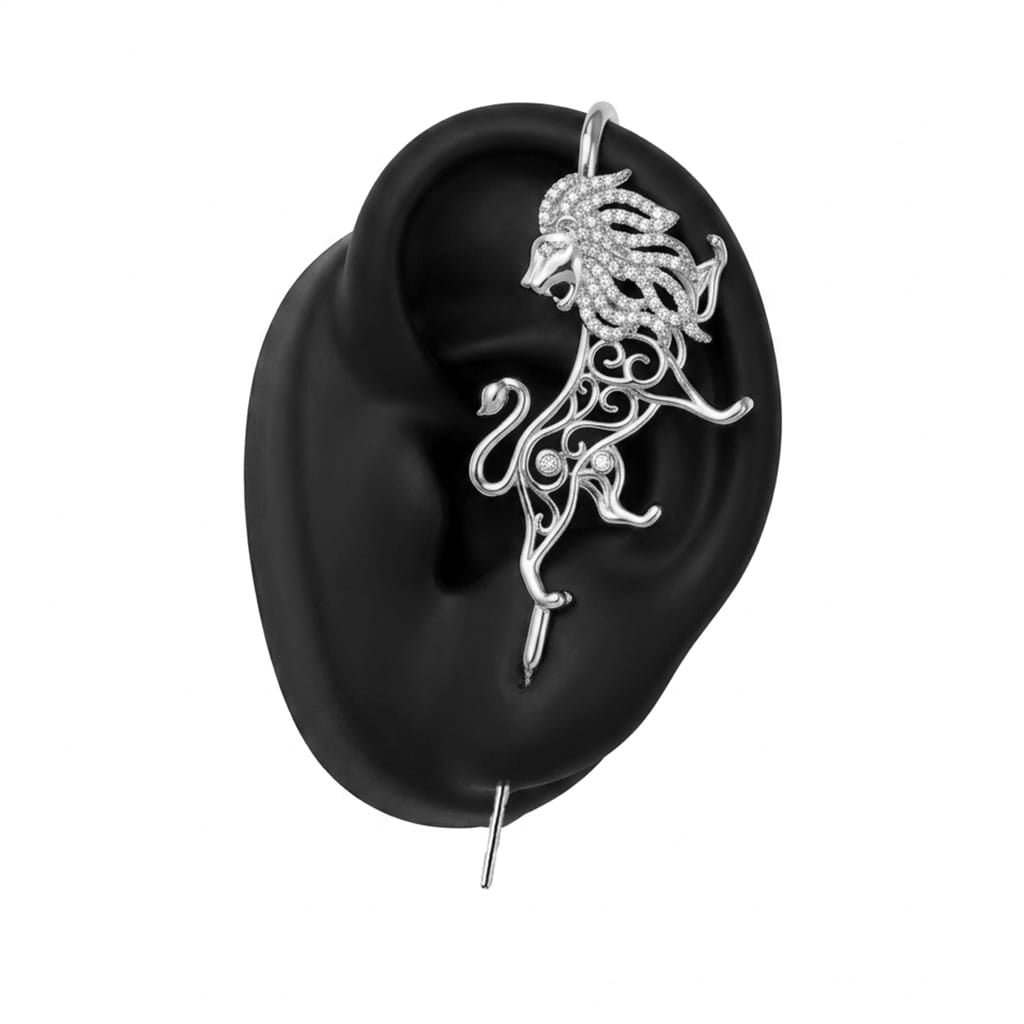 Majestic Lion ear cuff in silver on a black ear form