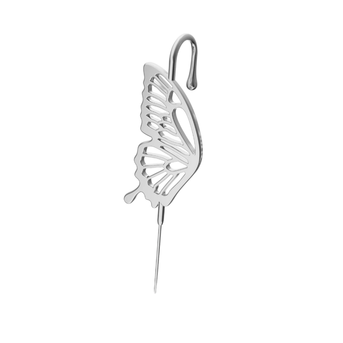 Gentle Butterfly ear cuff in silver on a black ear form