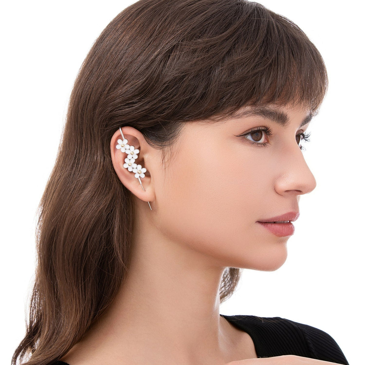Daisy Flower ear cuff worn on the ear, profile view