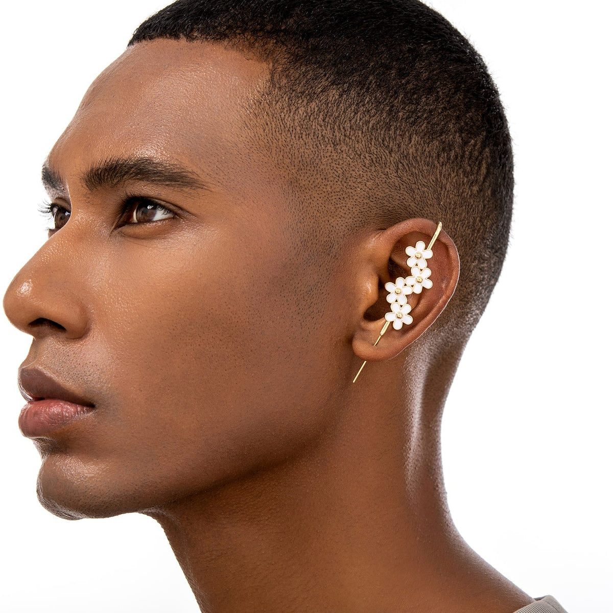 Daisy Flower ear cuff worn on the ear, profile view