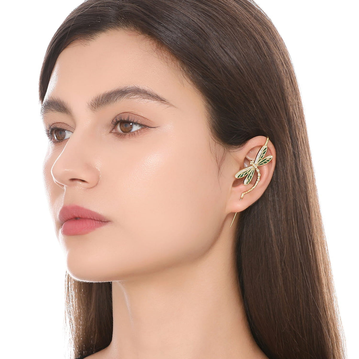 Dragonfly ear cuff worn on the ear, profile view