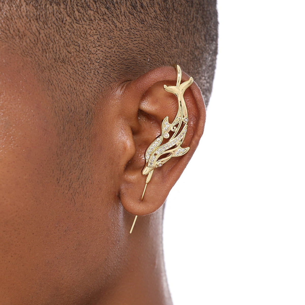 Graceful Dolphin ear cuff worn on the ear, profile view