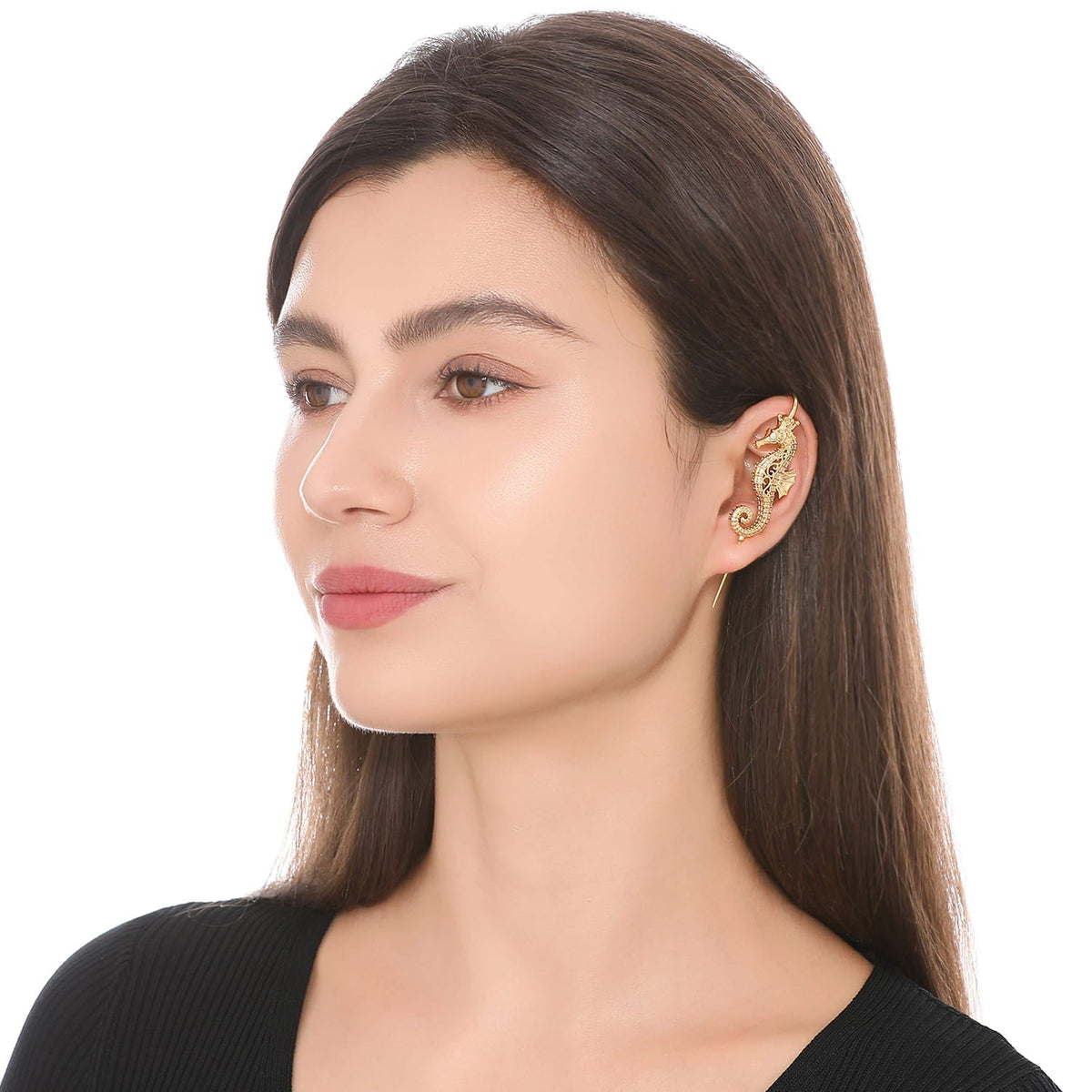 Imperial Seahorse ear cuff worn on the ear, profile view