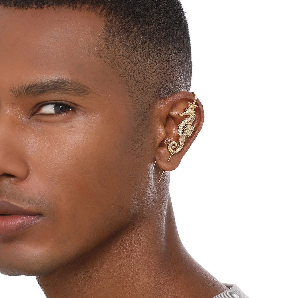 Imperial Seahorse ear cuff worn on the ear, profile view