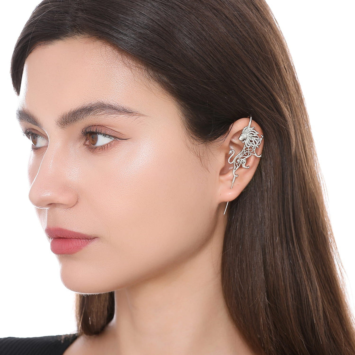 Majestic Lion ear cuff worn on the ear, profile view