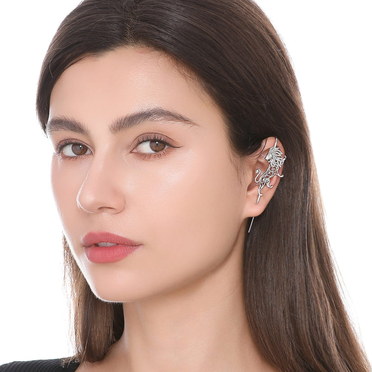 Majestic Lion ear cuff worn on the ear, profile view