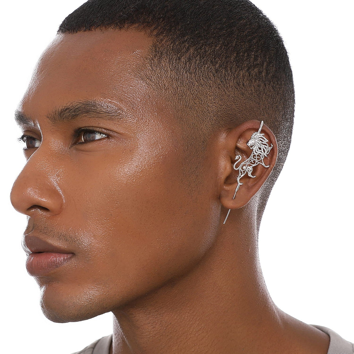 Majestic Lion ear cuff worn on the ear, profile view