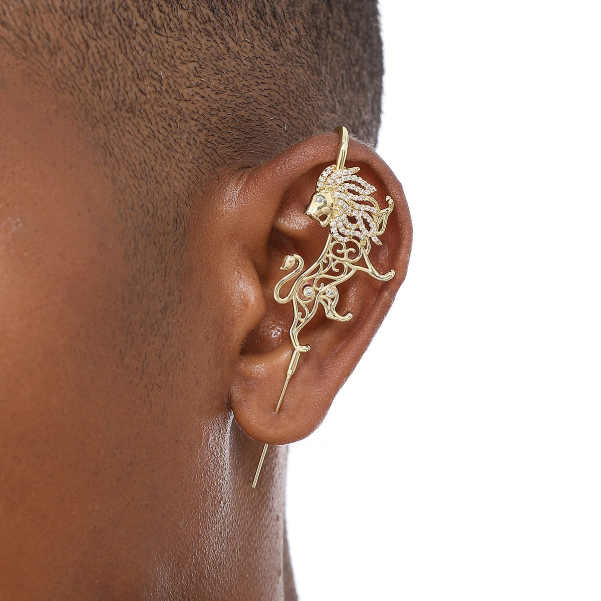 Majestic Lion ear cuff worn on the ear, profile view