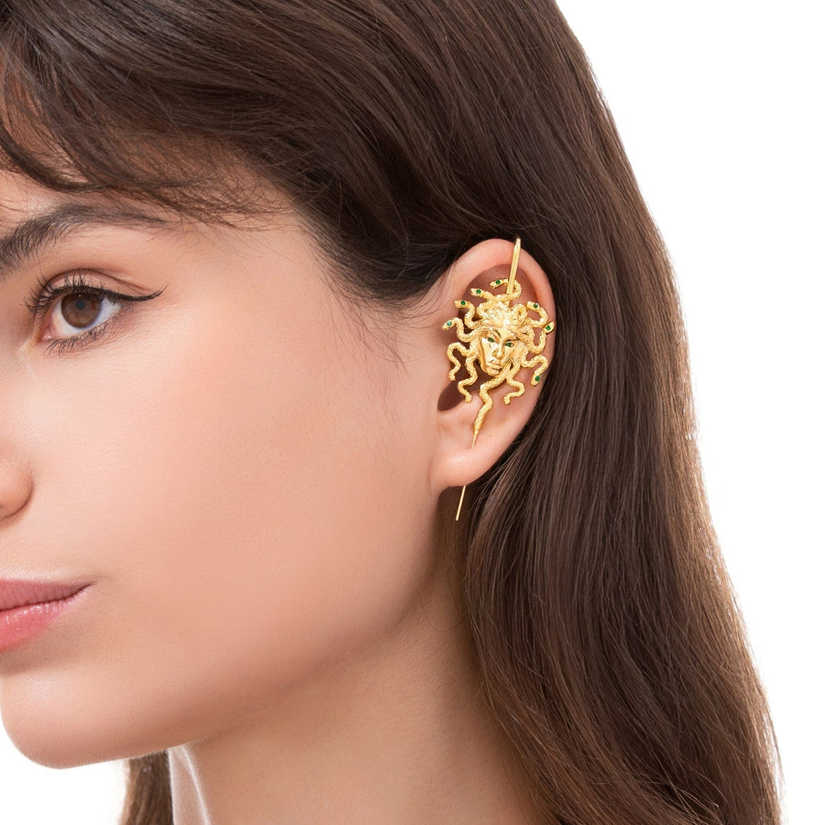 Medusa's Gaze ear cuff worn on the ear, profile view