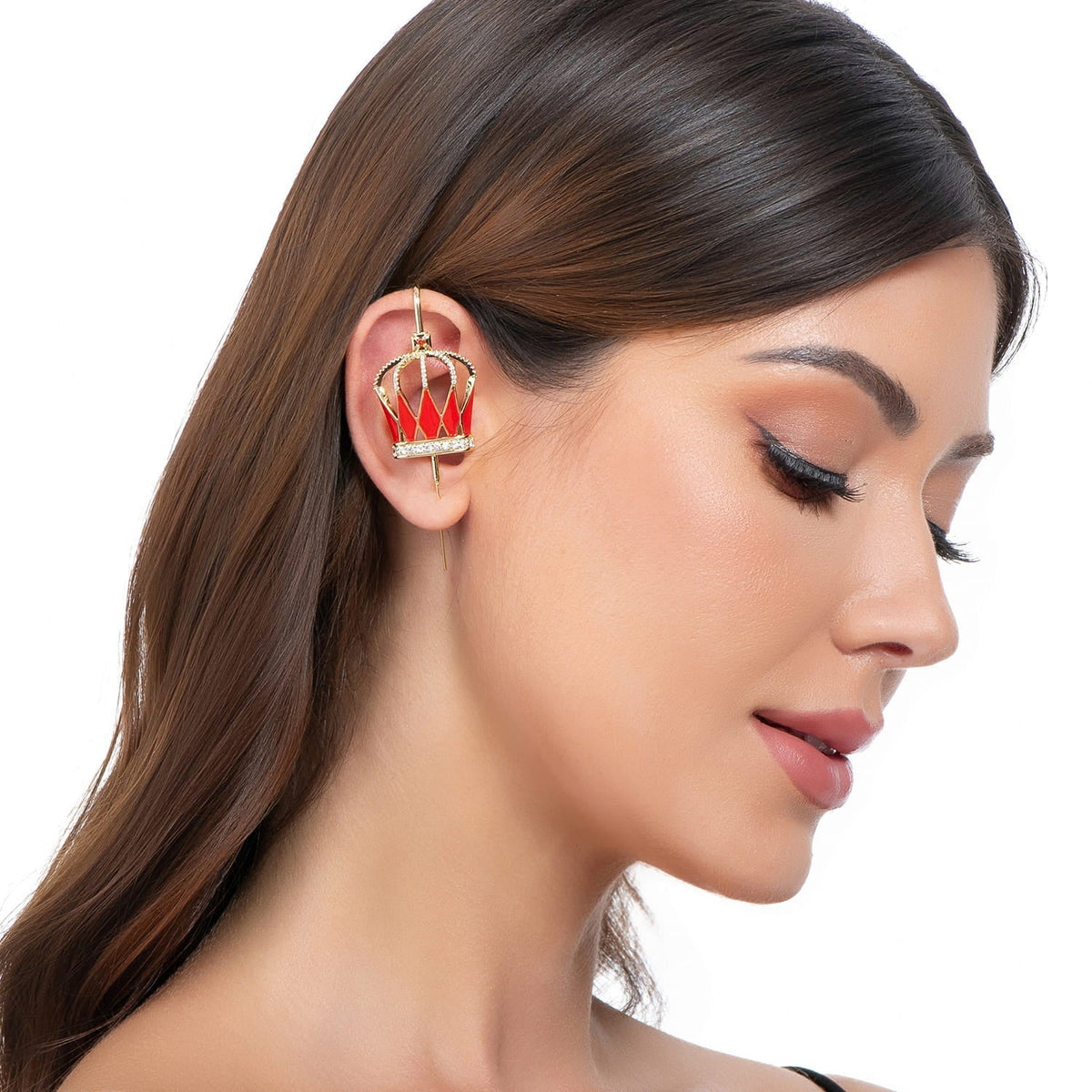 Royalty ear cuff in gold on a black ear form