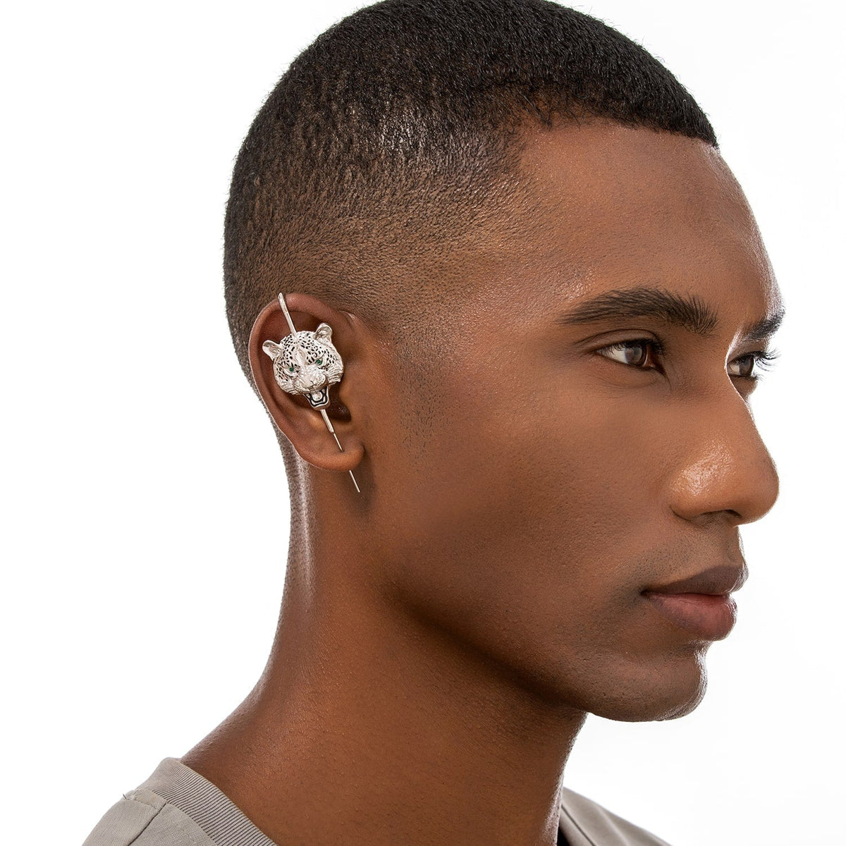 Savage Leopard ear cuff worn on the ear, profile view