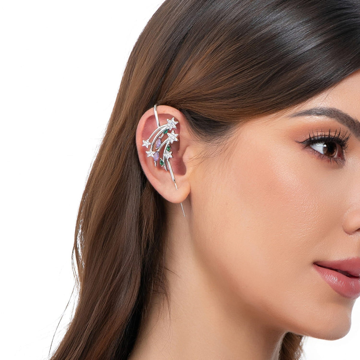 Shooting Star ear cuff in silver on a black ear form