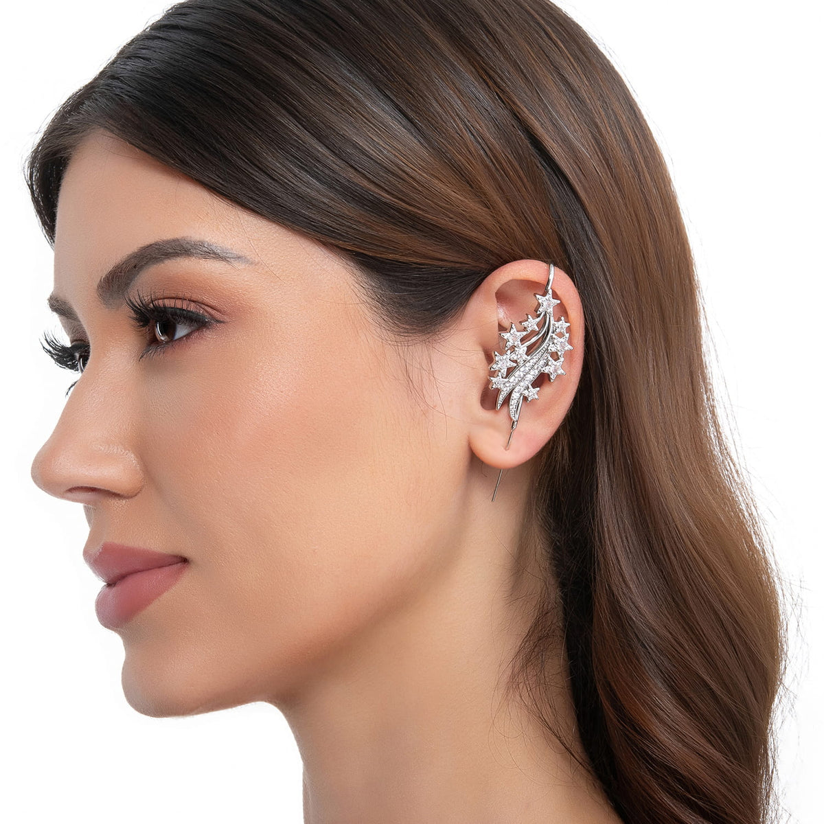 Starfall ear cuff in silver on a black ear form