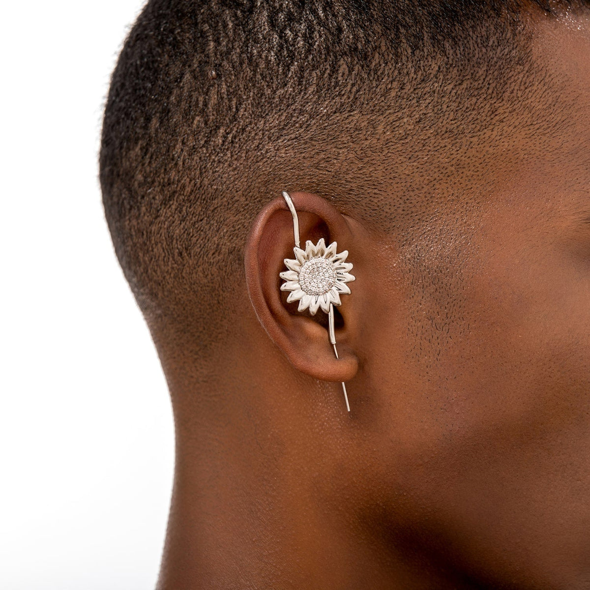Sunflower ear cuff worn on the ear, profile view