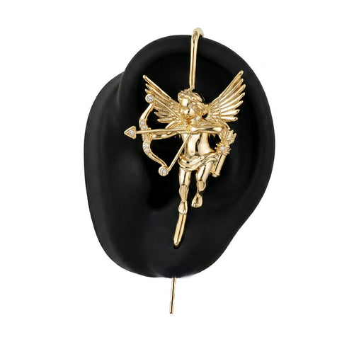 Cupid ear cuff in gold on a black ear form