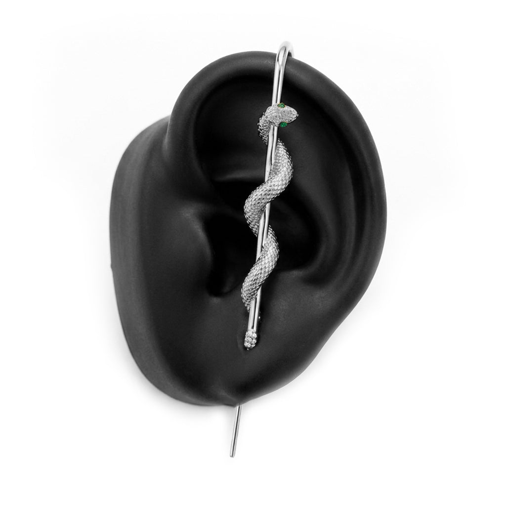 Coiled Snake ear cuff in silver on a black ear form