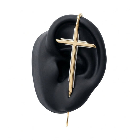 Cross ear cuff in gold on a black ear form