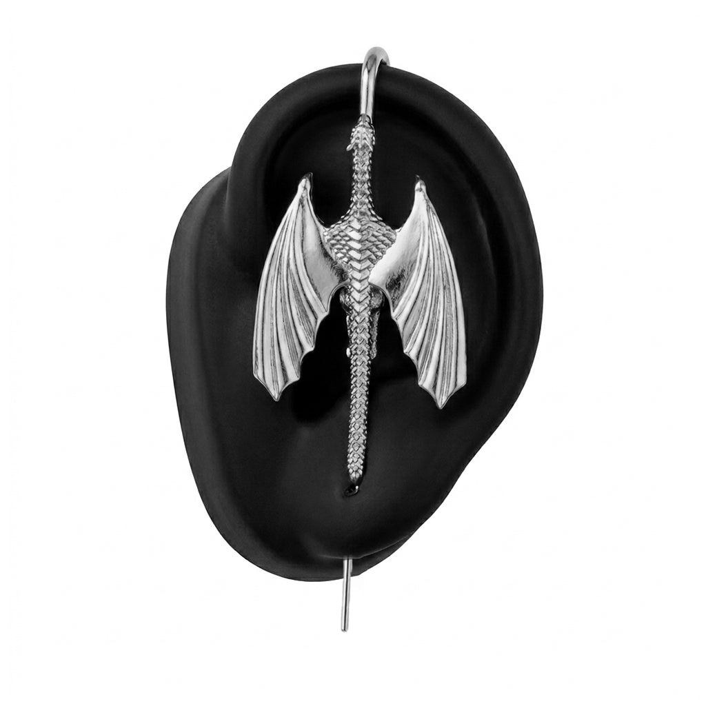 Stormscale ear cuff in silver on a black ear form