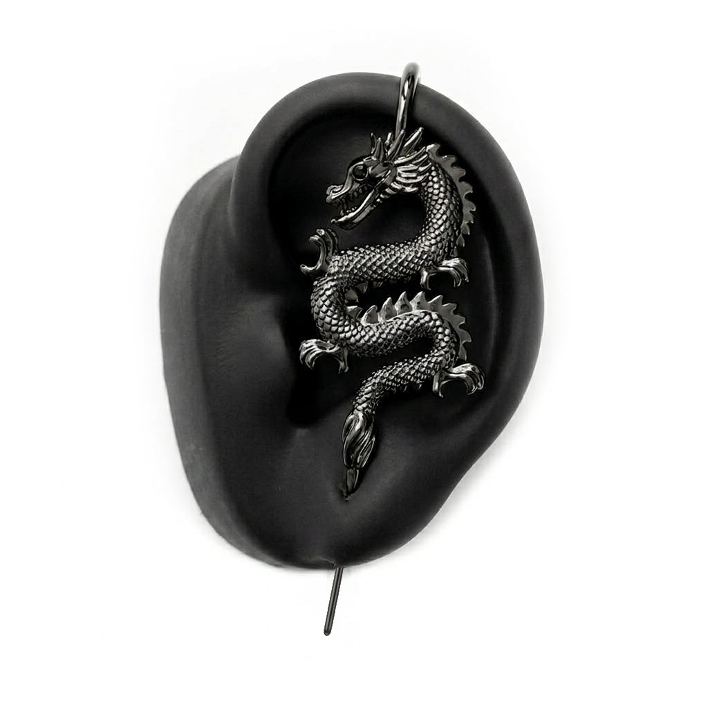 Tianlong 天龙 ear cuff in black on a black ear form