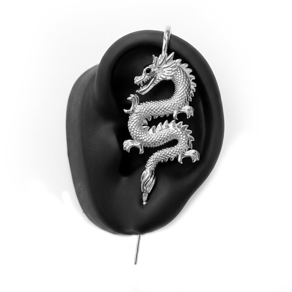 Tianlong 天龙 ear cuff in silver on a black ear form