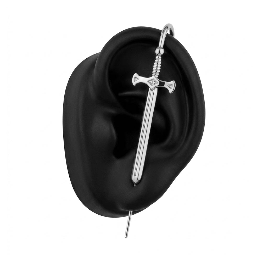 Titan's Edge ear cuff in silver on a black ear form