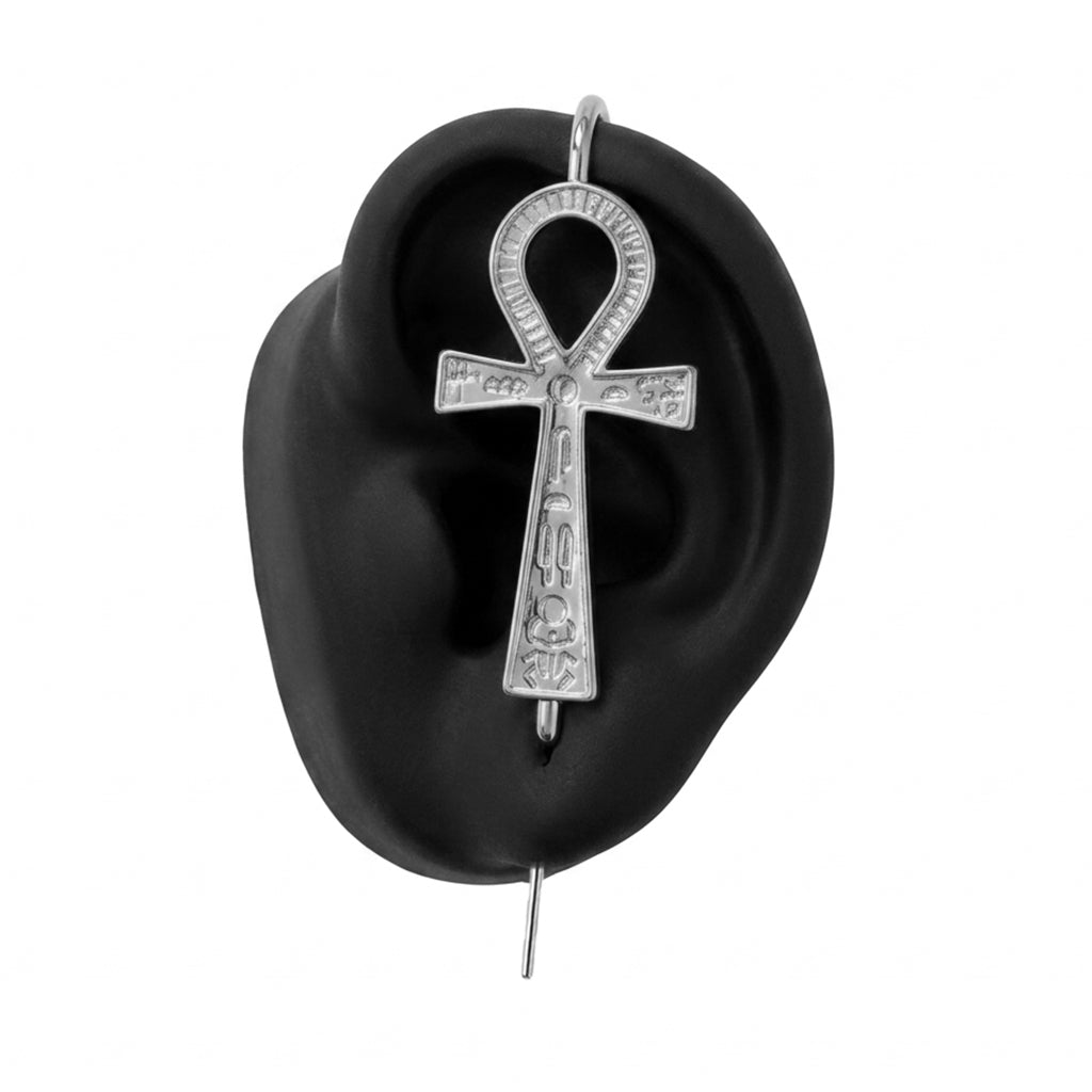Ankh ear cuff in silver on a black ear form