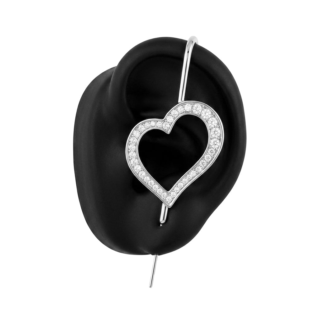 Pure Heart ear cuff in silver, left-ear version