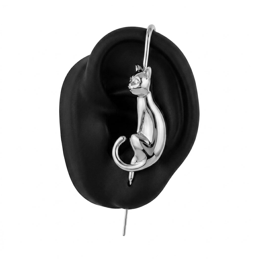 Mystic Cat ear cuff in silver on a black ear form
