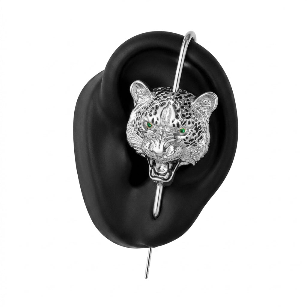 Savage Leopard ear cuff in silver on a black ear form