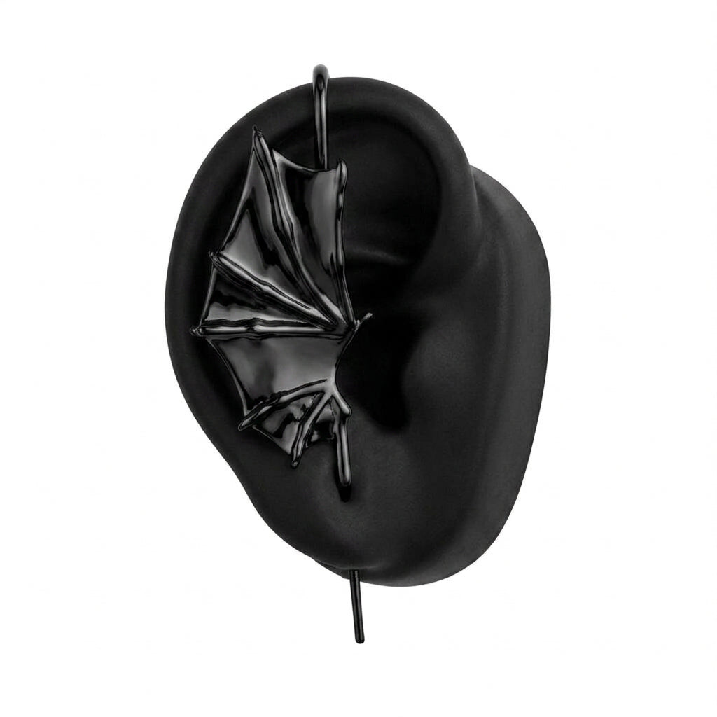 Nightfall Wings ear cuff in black, right-ear version