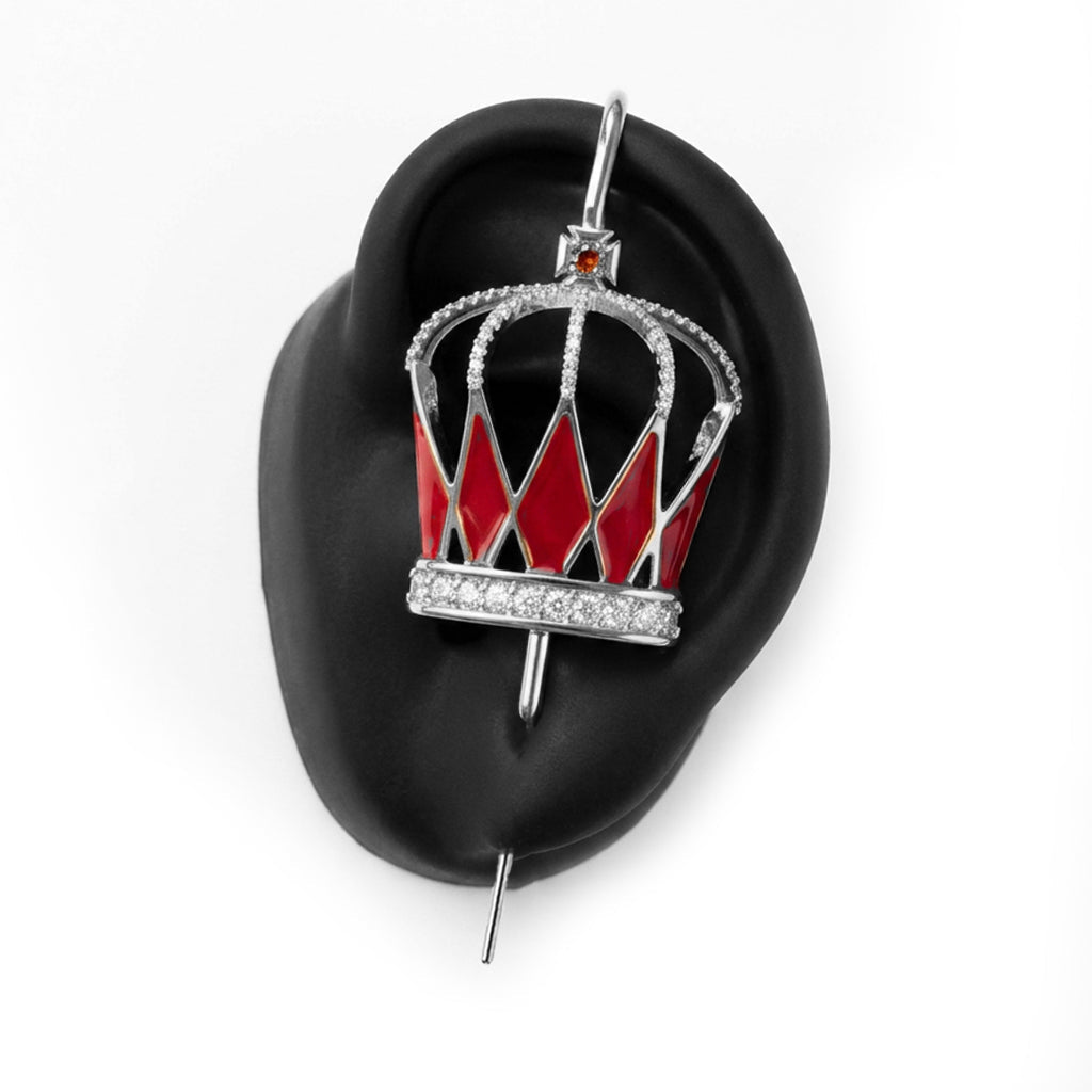 Royalty ear cuff in silver on a black ear form