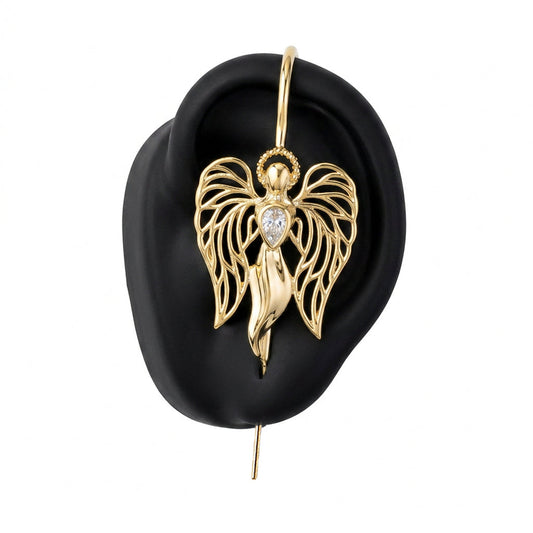 Guardian Angel ear cuff in gold on a black ear form