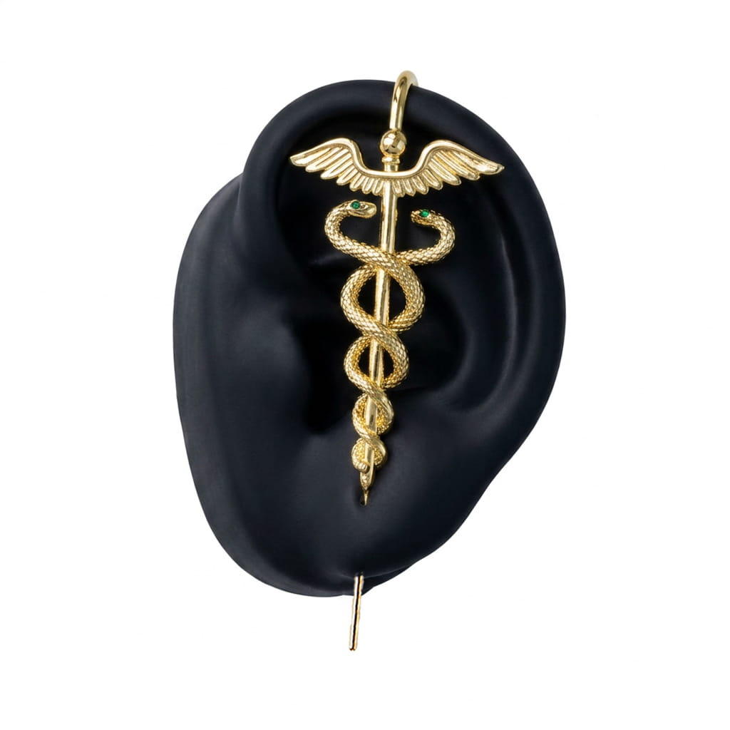 Caduceus ear cuff in gold on a black ear form
