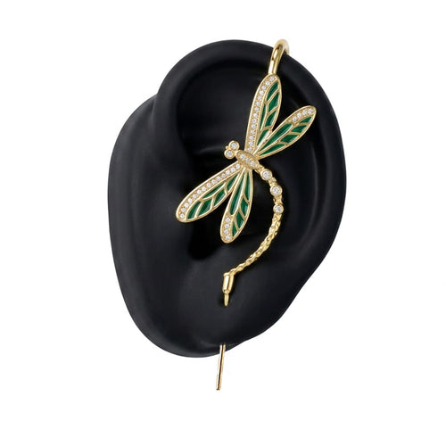 Dragonfly ear cuff in gold on a black ear form
