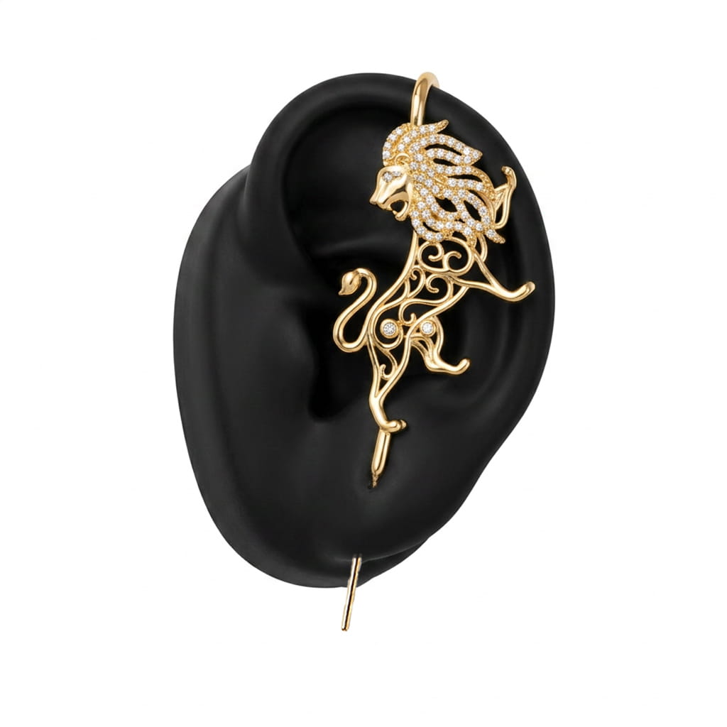 Majestic Lion ear cuff in gold on a black ear form